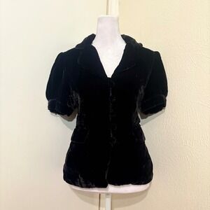 Black Velvet Silk Blend Short Puff Sleeve Button Up Blazer Jacket Gothic Chic M